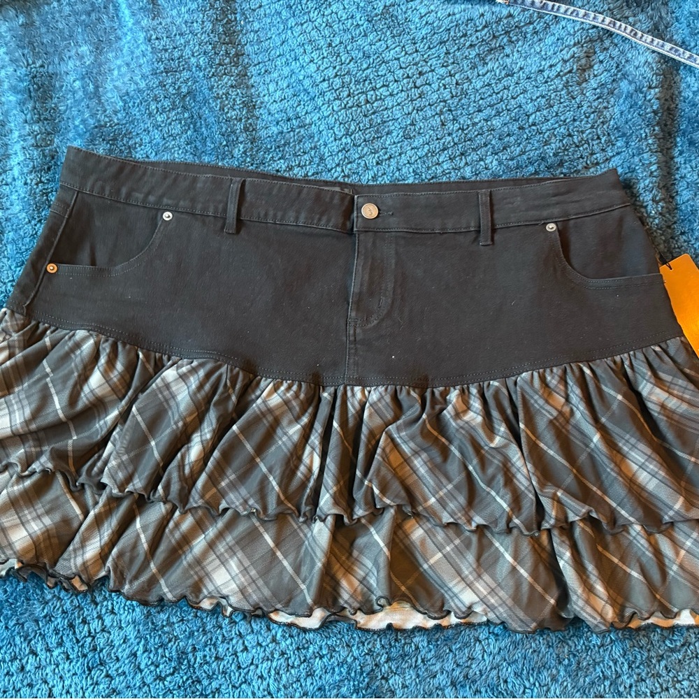 JCPenney Black Denim and Plaid Ruffle Mini Skirt